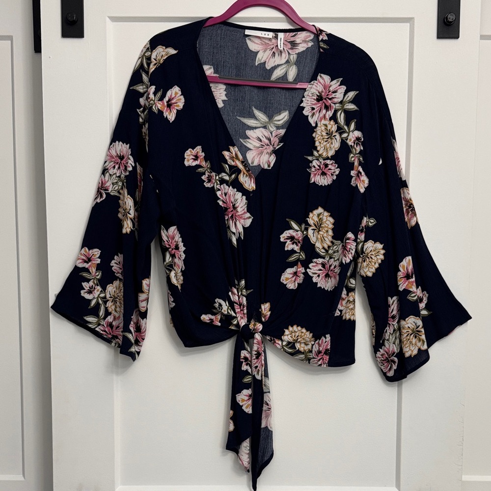 Navy Floral Tie-Front Blouse